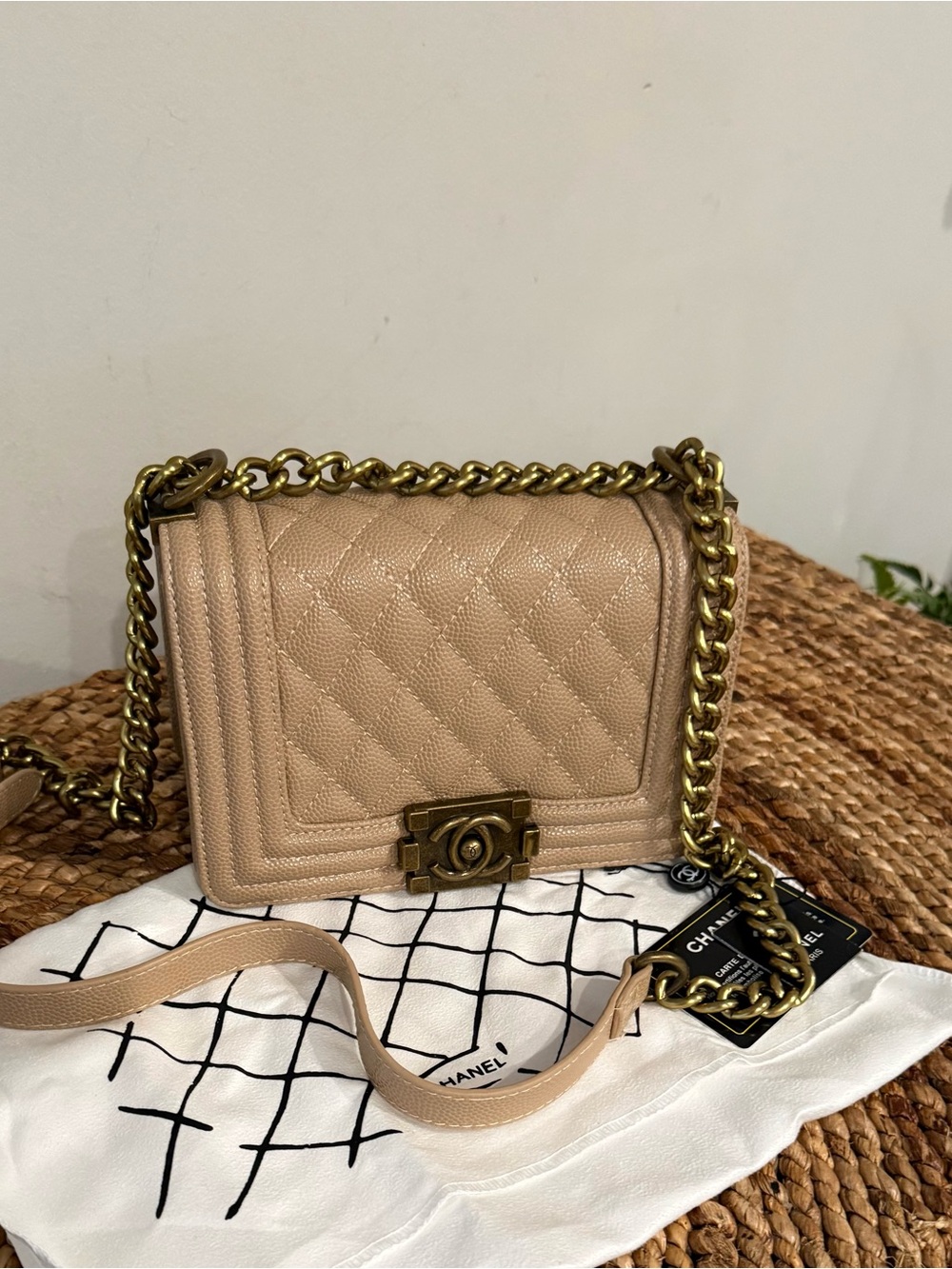 Beige Quilted Leather Boy Shoulder Bag with Gold Chain